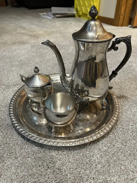 Vintage LEONARD Silver Plate Tray, Tea Pot, Lid, Creamer & Sugar Bowl - 5 Pc Set