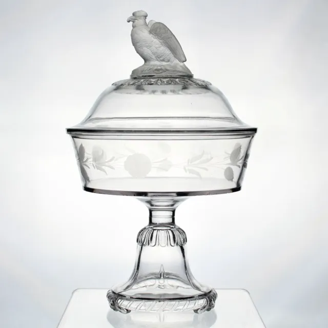 Frosted Eagle Covered Compote w Etch, Antique c1883 EAPG Large 8" D, 12.5" High