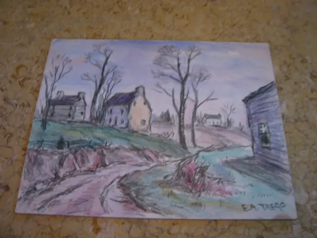 Vtg Antique Early 20th Cent. E A Trego Charcoal Drawing of Road & Houses