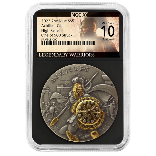 2023 $5 Niue Achilles 2 oz High Relief Silver Antiqued and Gold Gilded NGCX MS10