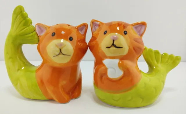 Mermaid Kitty Cats Salt and Pepper Shakers Orange with Green Tails