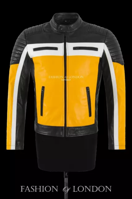 Cafe Racer Men's Biker Leather Jacket Black Yellow Retro Style Motocross Jacket