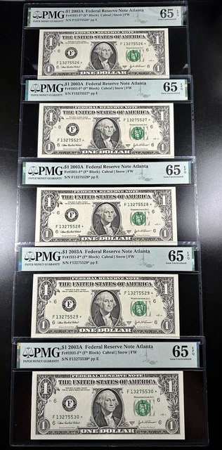 Lot of 5 Consecutive Star Federal Reserve Notes PMG Graded 65 EPQ fr 1931-F* ATL