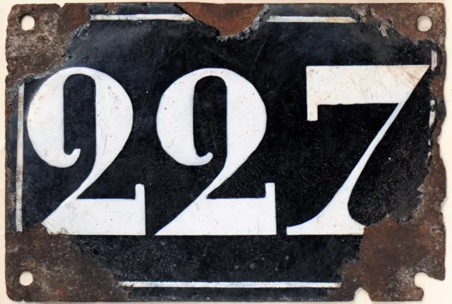 Large old black French house number 227 door gate plate plaque enamel metal sign