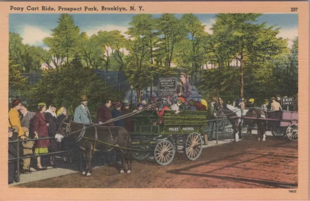 Brooklyn, NY: Prospect Park Pony Cart Ride - Vintage New York NYC Linen Postcard