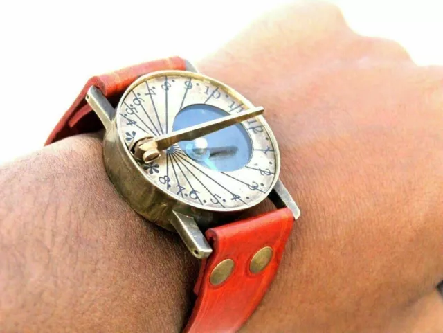 Vintage nautische Sonnenuhr Messing Armbanduhr Kompass mit braun Lederband...