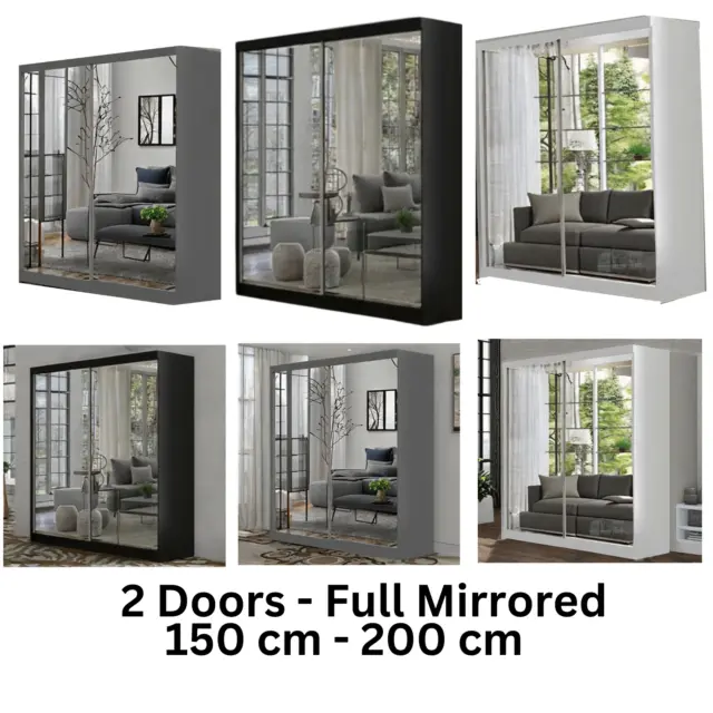 BOSTON Modern Sliding Wardrobe 2 Doors Full Mirror - 150cm/200cm - 3 colours