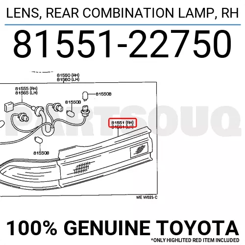 8155122750 Genuine Toyota LENS, REAR COMBINATION LAMP, RH 81551-22750 OEM