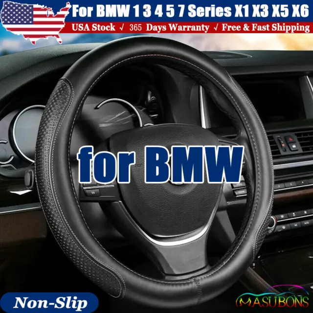 Black 38cm/15inch Steering Wheel Cover For BMW 1 3 4 5 7 Series Genuine Leather