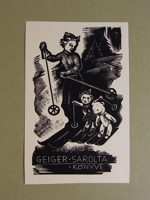 Exlibris Geiger Sarolta Könyve. Motiv: Skifahrerin, skifahrendes Kind und skifah