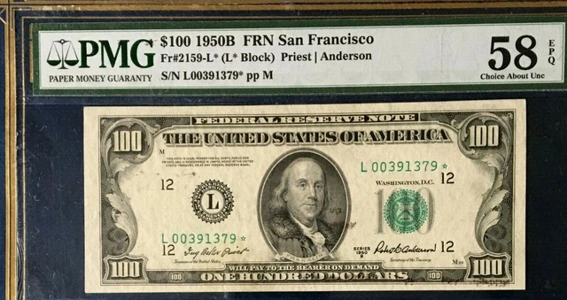 1950B $100 Pmg58 Epq Choice About Unc,*Star* Federal Reserve Note, San Francisco