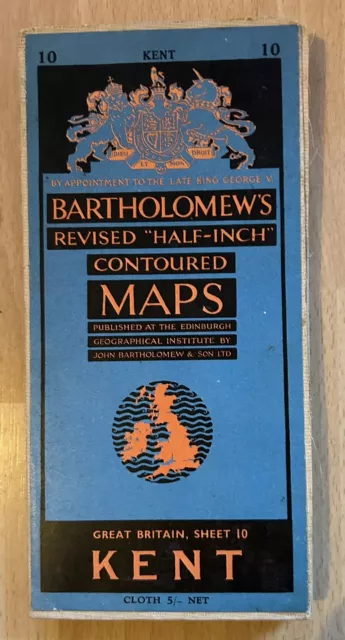 Bartholomew's Half Inch Contoured Map Sheet 10, Kent, Mounted On Cloth