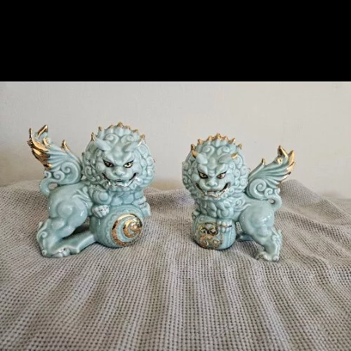 Foo Dog Shishi Lion Yoshimi K Blue Gold Porcelain Figurine Japan Signed
