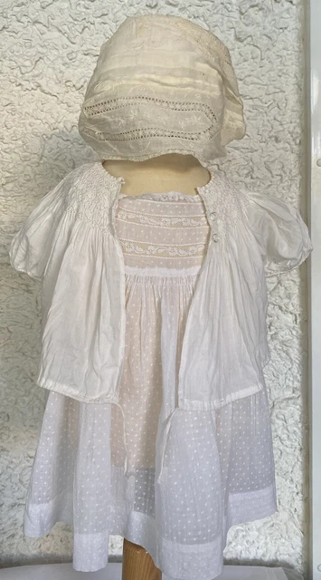 Robe Et Bonnet De Baptême Anciens - Taille 72, Blanc, D'occasion (bon état)