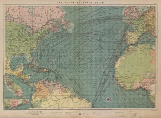 North Atlantic Ocean sea chart. Ports lighthouses mail routes. LARGE 1916 map