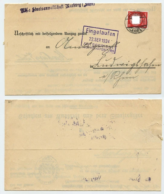 99491 - Mi.Nr. 138 - Marburg 21.9.1934 nach Ludwigshafen -Strafregister-Auskunft