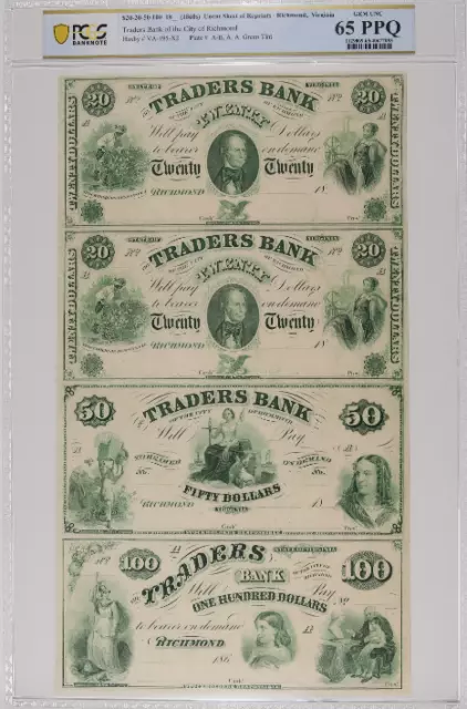 1860s Uncut Sheet $20/20/50/100, Obsolete Currency 65 PPQ Trader Bank, Virgina