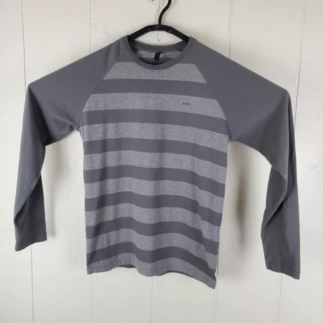 RVCA Shirt Mens Medium Gray Stripe Logo Crew Neck Long Sleeve Stretch Pullover