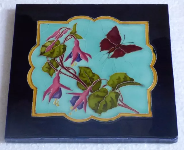 ° Gorgeous & rare Butterfly with flowers Art Nouveau Tile Jugendstil all glazed