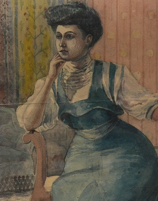 Aquarelle Portrait d'élégante signé et daté 1906 Art nouveau