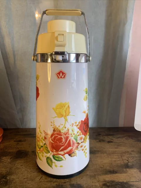 Vintage Air Pump Vacuum Liquid Dispenser Floral Coffee Tea Carafe