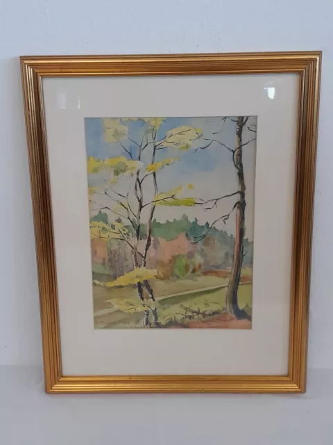 H1000-Landschaftsbild-Aquarell-Gemälde-Passepartout-signiert-gerahmt-datiert-