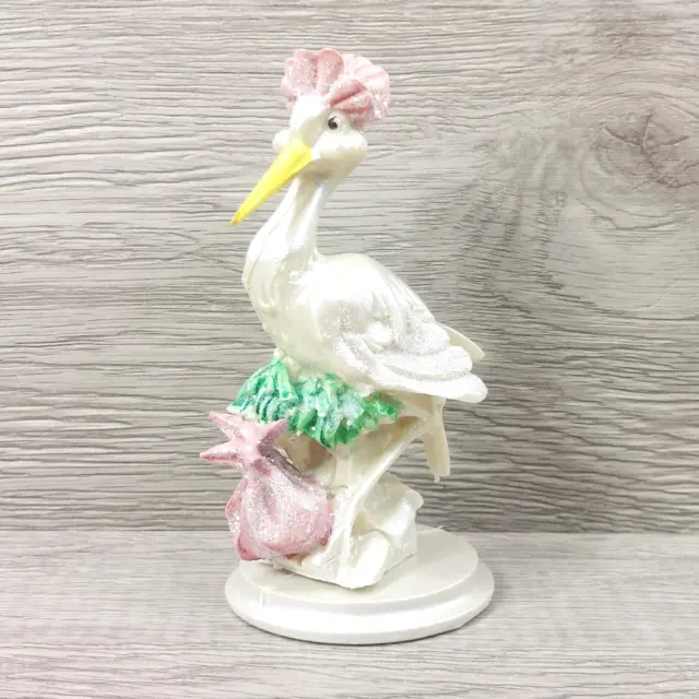 Baby Shower Stork Figurine Carrying a Pink Bag Baby Born Vintage Gift Collection