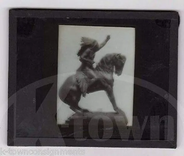 Native American Indian Chief on Horseback Statue Antique Glass Slide Photograph