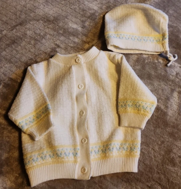 Cardigan Sweater & Hat Cap Infant Baby Hand Knitted Neutral Vintage