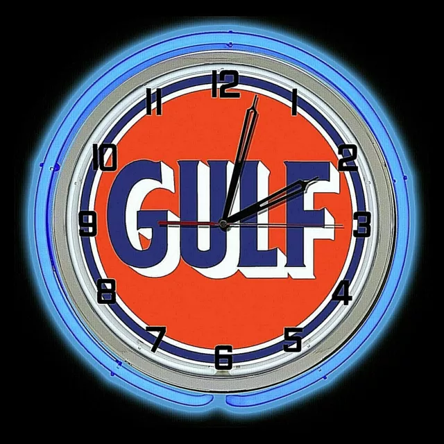 19" Gulf Gas Oil Vintage Logo Sign Double Blue Neon Clock Man Cave Bar Garage