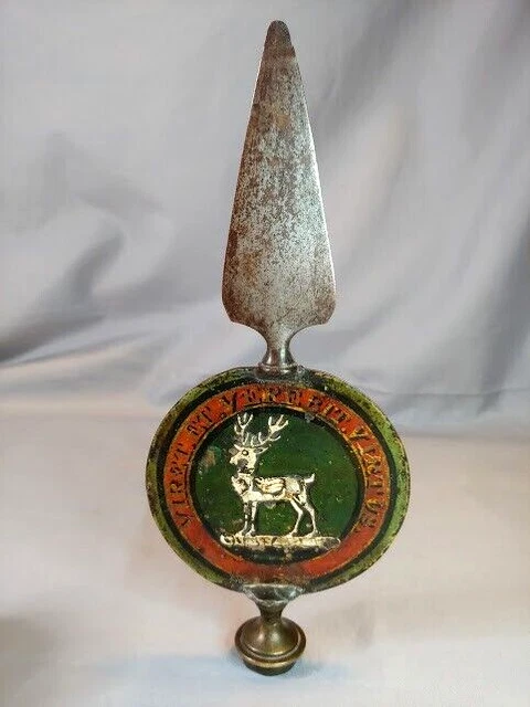 Antique Flag Pole Top 18th 19th Century Hand Forged iron Brass Elk Latin Motto