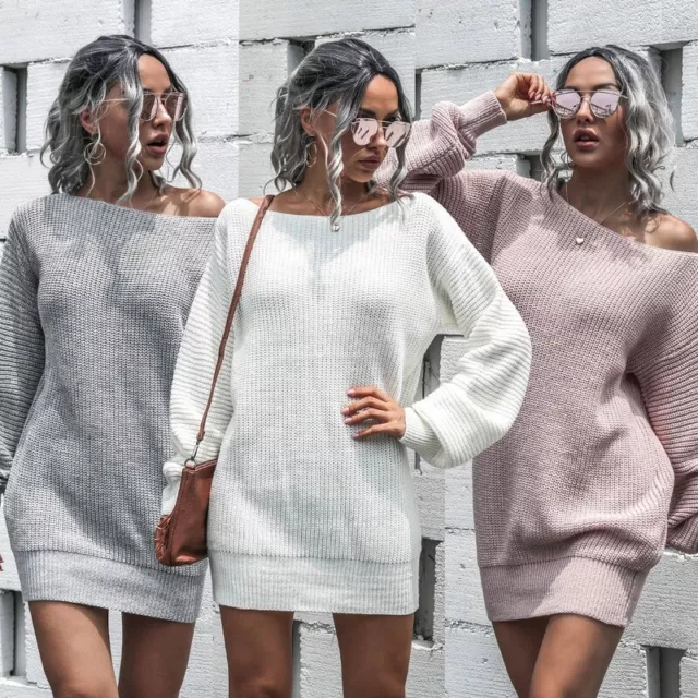 FEMME TRICOTE ROBE Epaule Decouverte Pull Loose Bishop Manche Robes Elegant EUR 36 70 PicClick FR