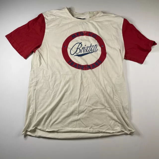 Brixton Mfg Co Men's Medium Basic T-Shirt Beige Maroon￼ Reg Us Pat Trade-Mark