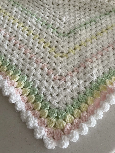 Beautiful Handmade Crochet Baby Afghan Blanket Pink Yellow Grn Unisex 37” X 41”