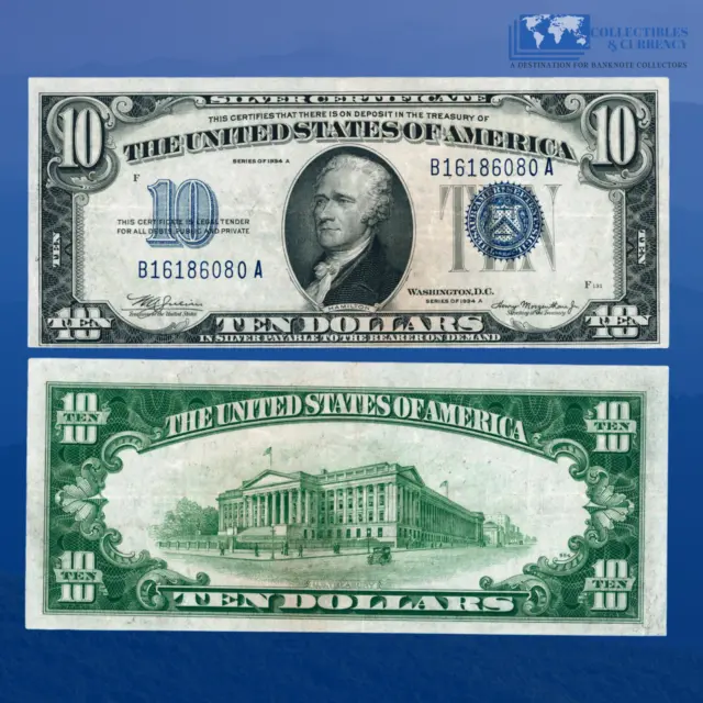 1934A $10 Ten Dollars Silver Certificate Blue Seal, VF++ Condition #86080