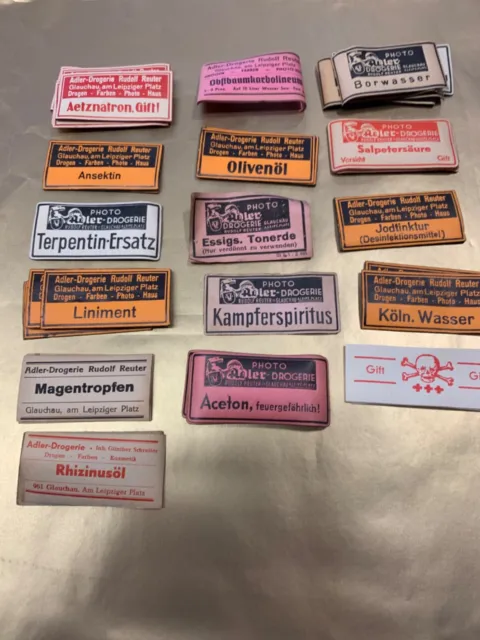 viele uralte Etiketten von  Apotheke/ Drogerie,  DDR und früher