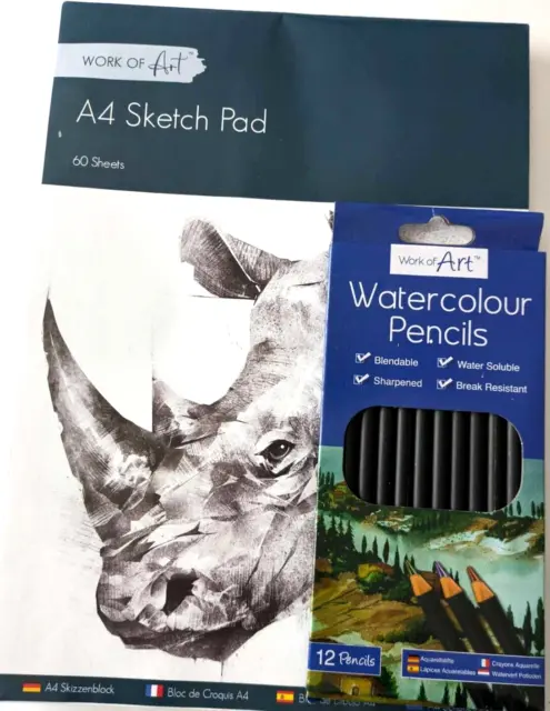 A4 Artists Sketch Pad - 60 Sheets  80GSM - White Paper & Box Watercolour Pencils