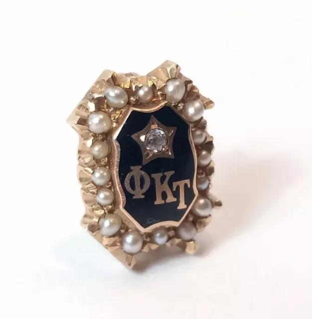 Phi Kappa Tau Fraternity Diamond Pin 10K Yellow Gold Seed Pearls Enamel 1953