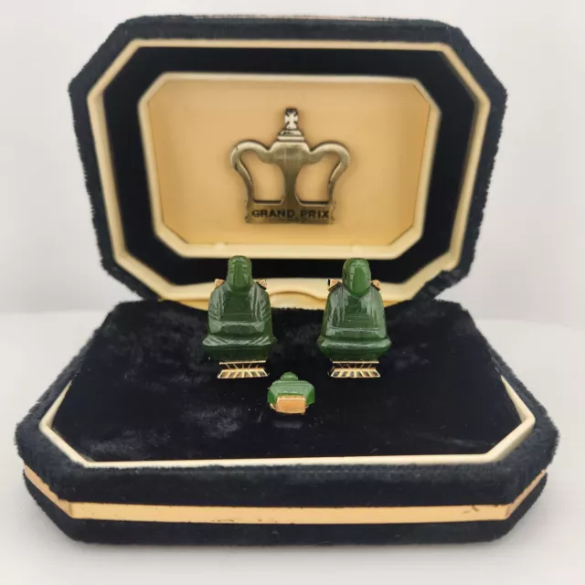 VTG Grand Prix Cufflinks and Tie Tack Set Swank Gold Tone and Green Jade Buddha