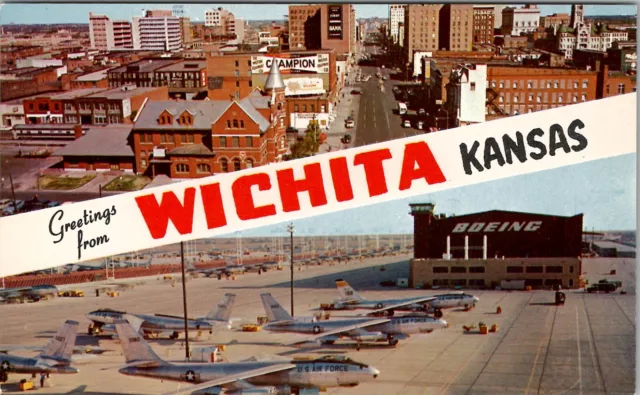 Wichita Kansas Boeing Airplane Co and Skyline Banner View Postcard A23