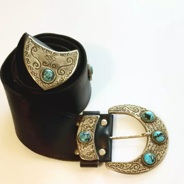 Vintage Western Leather Concho Belt Brown Silver Tone Turquoise Studded Buckle