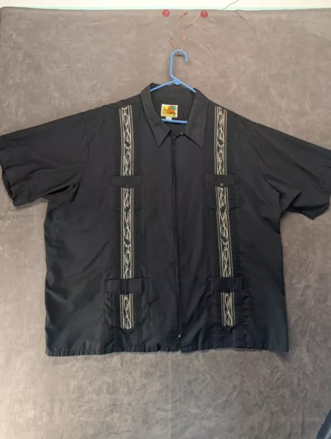 The Genuine Haband Guayabera Men's Embroidered Shirt  4x Zip Front Black c852