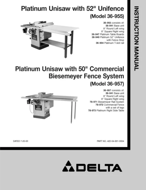 Operator Instruction Manual Delta Platinum Unisaw 52" Unifence System 36-955