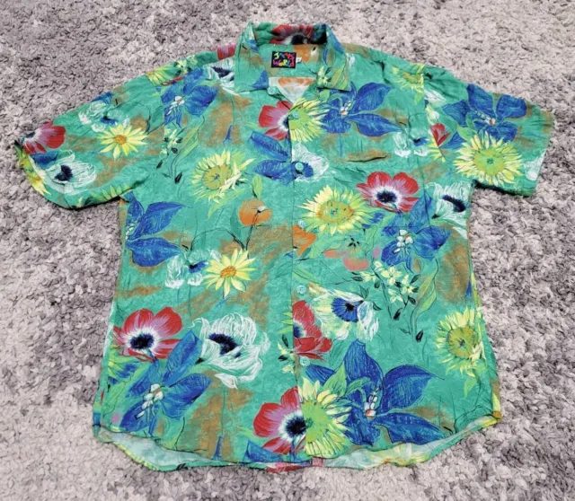 Vintage Jams World Mens Size Medium Hawaiian Shirt Floral Colorful Green Art