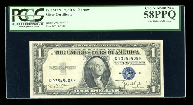 DBR 1935-D $1 Silver Fr. 1613N Narrow QF Block PCGS 58 PPQ Serial Q93545408F
