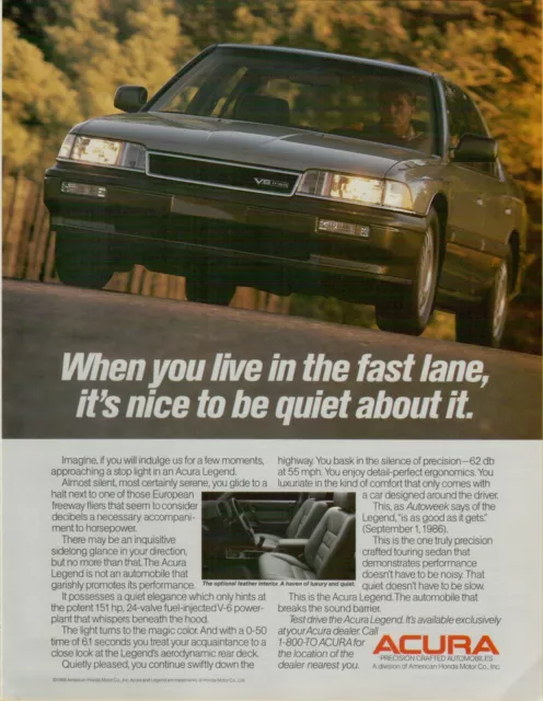 1987 Acura Legend Live in the Fast Lane Sedan Sound Barrier  VINTAGE PRINT AD