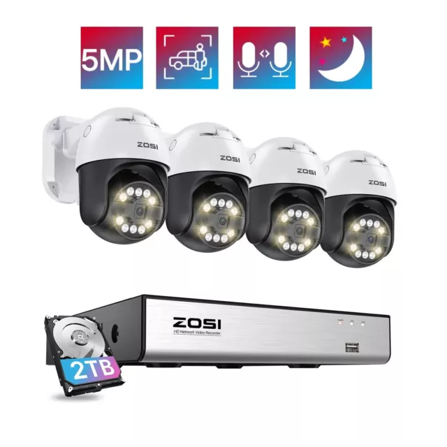 ZOSI 5MP POE Security Camera System 4K NVR 2TB 2-Way Audio Color Night AI Detect