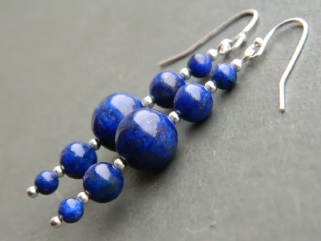 Lapis Lazuli Graduating Round Gem Stone & 925 Sterling Silver Long Drop Earrings