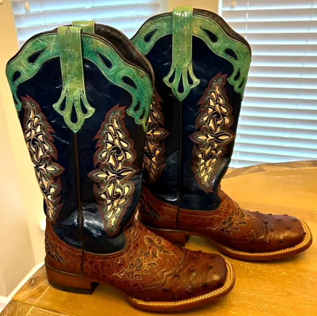 Lucchese Amberlyn 8C Blue Brown Full Quill Ostrich Square Toe Western Boots