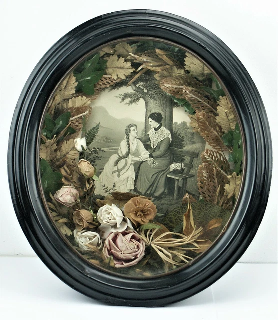 Antikes Diorama Wachsblumen Rosen Genre Bild Biedermeier Mutter & Tochter (129)